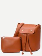 Romwe Khaki Faux Leather Drawstring Flap Backpack With Clutch