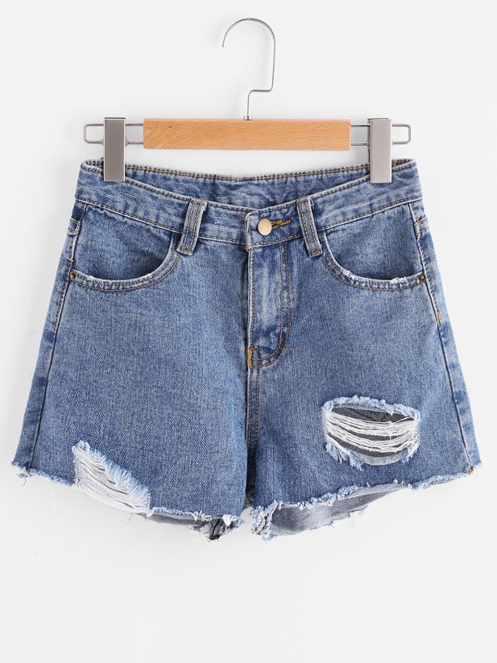 Romwe Distress Fray Hem Denim Shorts