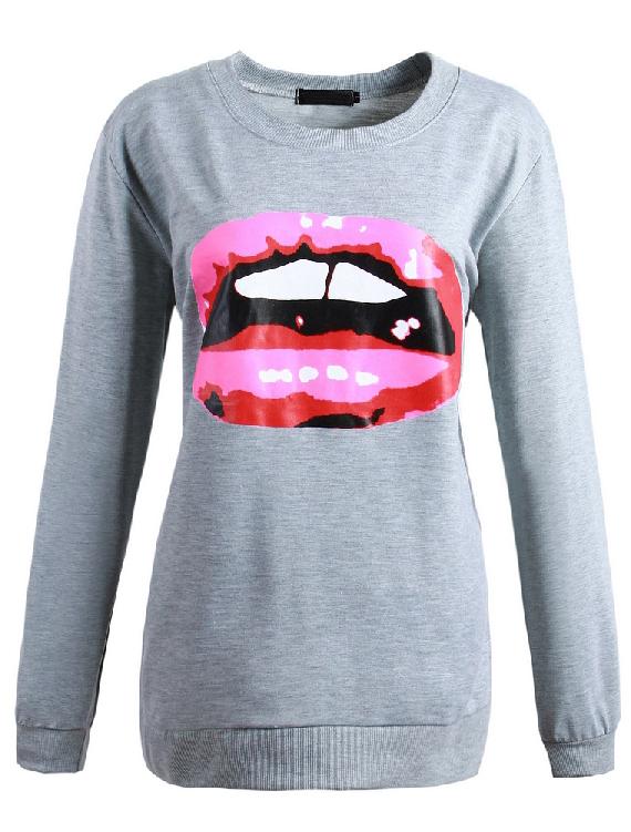 Romwe Lip Print Grey Sweatshirt