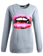 Romwe Lip Print Grey Sweatshirt