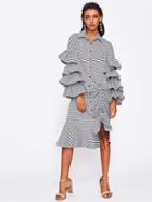 Romwe Detachable Layered Sleeve Shirred Asymmetrical Hem Shirt Dress