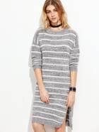 Romwe Heather Grey Striped High Split Side Sweater Dress
