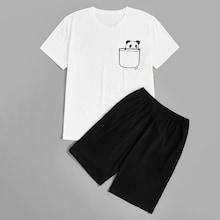 Romwe Guys Panda Print Top & Shorts Pj Set