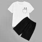 Romwe Guys Panda Print Top & Shorts Pj Set