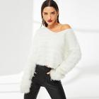 Romwe Drop Shoulder Solid Crop Fuzzy Sweater