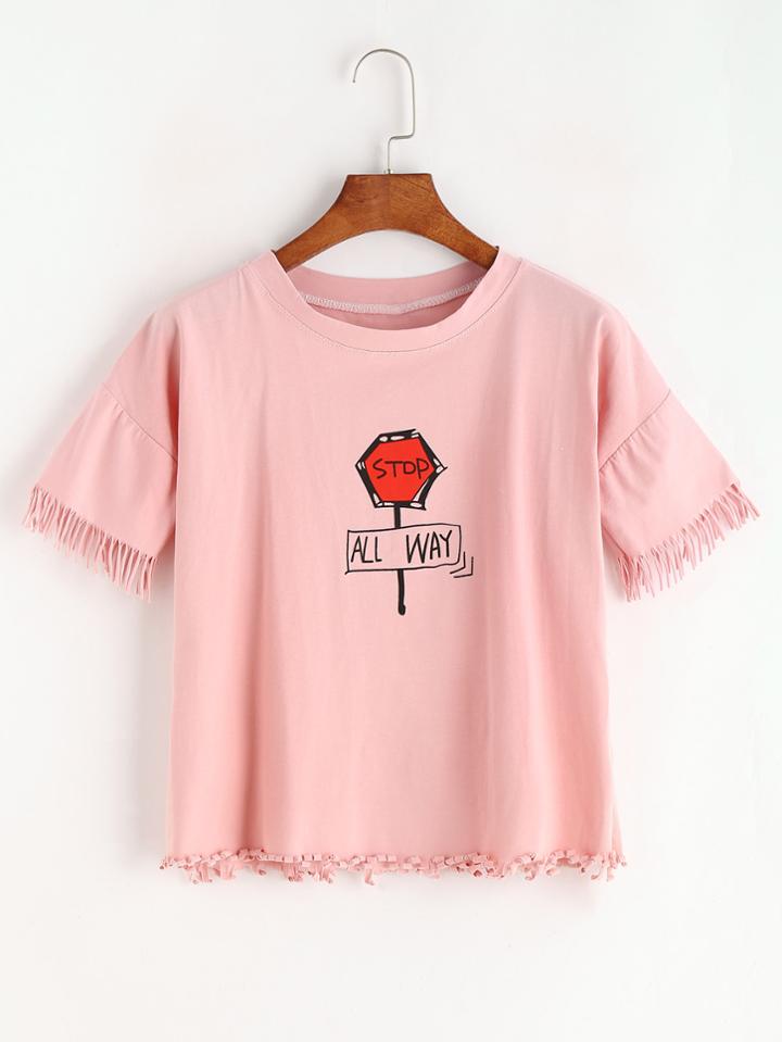 Romwe Pink Letter Print Fringe T-shirt