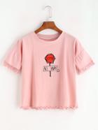 Romwe Pink Letter Print Fringe T-shirt