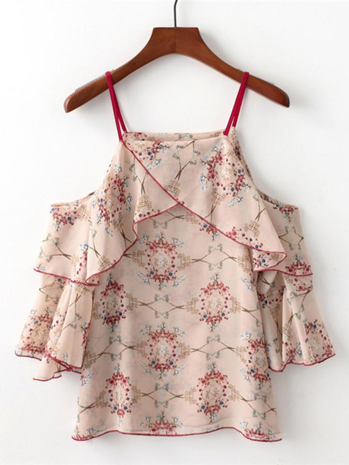 Romwe Floral Print Cold Shoulder Ruffle Top