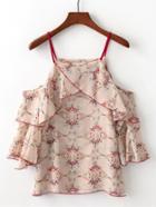 Romwe Floral Print Cold Shoulder Ruffle Top