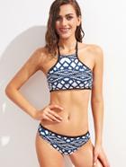 Romwe Contrast Trim Geo Print Halter Neck Bikini Set