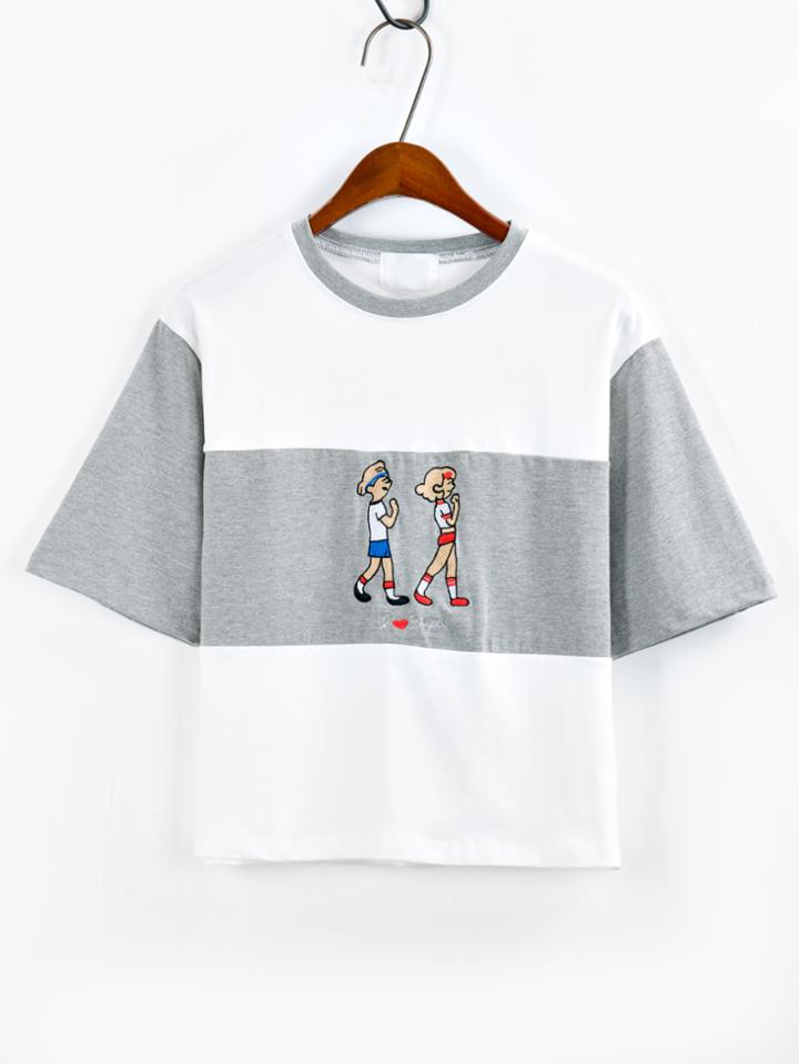 Romwe Embroidery Color Block T-shirt - Grey