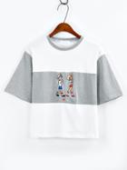 Romwe Embroidery Color Block T-shirt - Grey