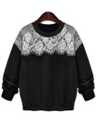 Romwe Contrast Lace Thicken Loose Black Sweatshirt
