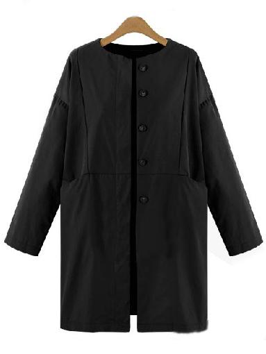 Romwe Round Neck Buttons Pockets Black Coat