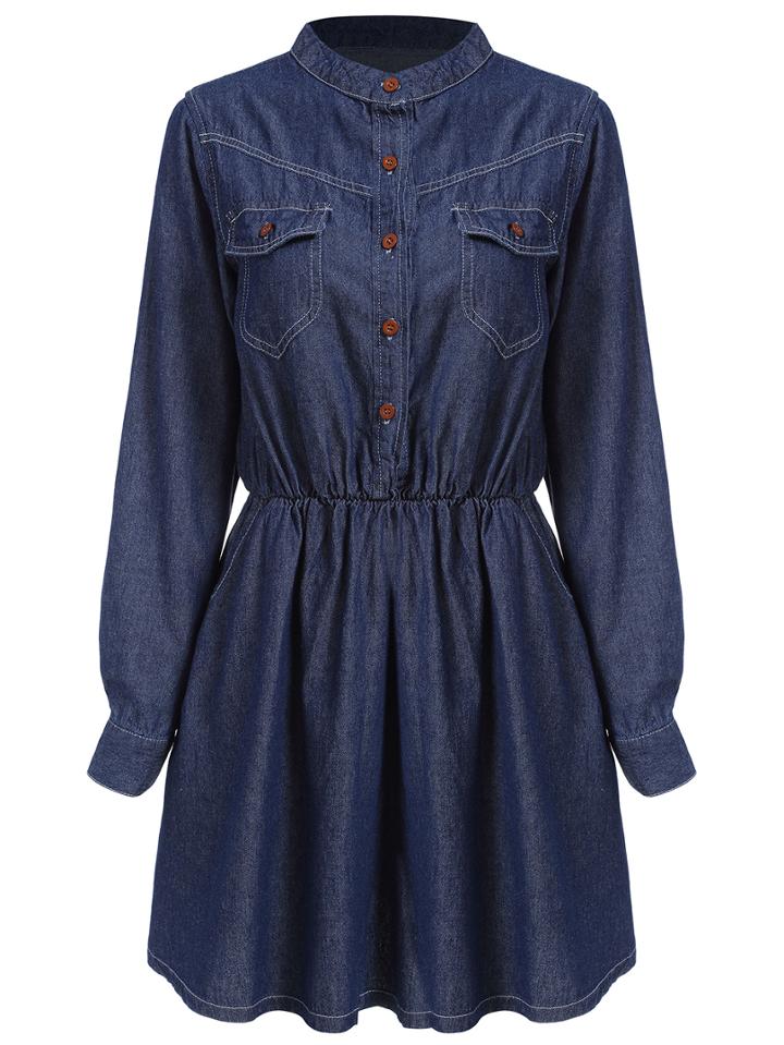 Romwe Long Sleeve Buttons Pockets Denim Shirt Dress