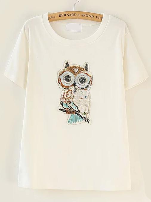 Romwe Owl Sequined Beaded Patch White T-shirt