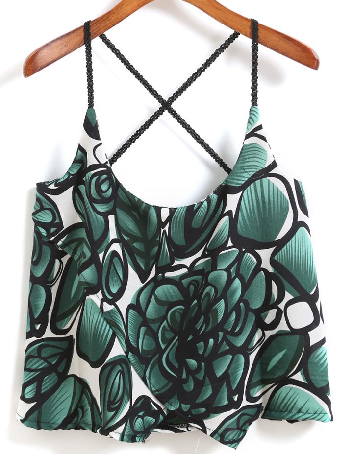 Romwe Spaghetti Strap Flower Print Green Cami Top