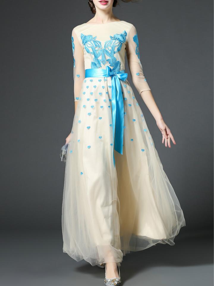 Romwe Nude Heart Gauze Embroidered Tie-waist Maxi Dress