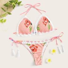 Romwe Floral Smocked Halter Top With Tie Side Bikini Set