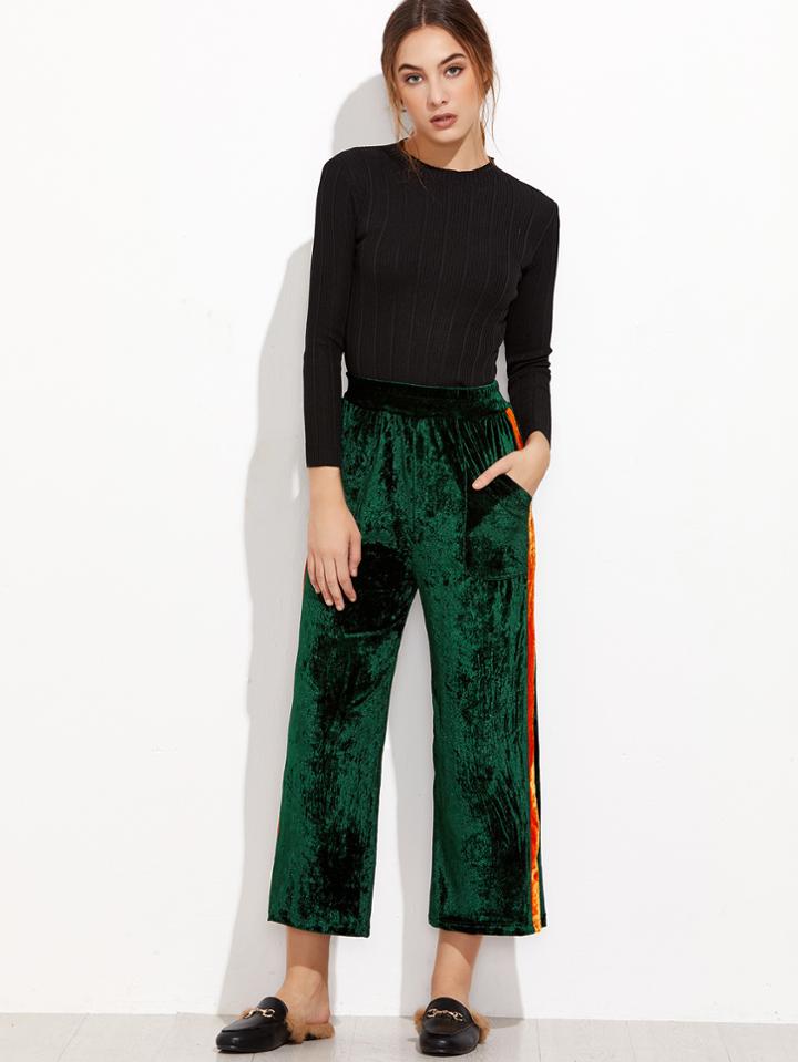 Romwe Army Green Stripe Side Velvet Wide Leg Pants