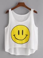 Romwe White Smiley Face Print High Low Tank Top