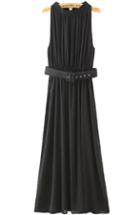 Romwe Sleeveless With Belt Pleated Maxi Black Dress