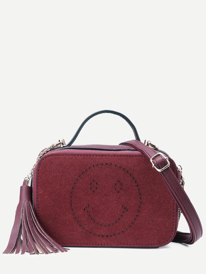 Romwe Red Tassel Trim Laser Cutout Smiley Square Crossbody Bag