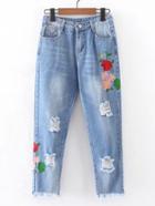 Romwe Frayed Hem Flower Embroidery Jeans