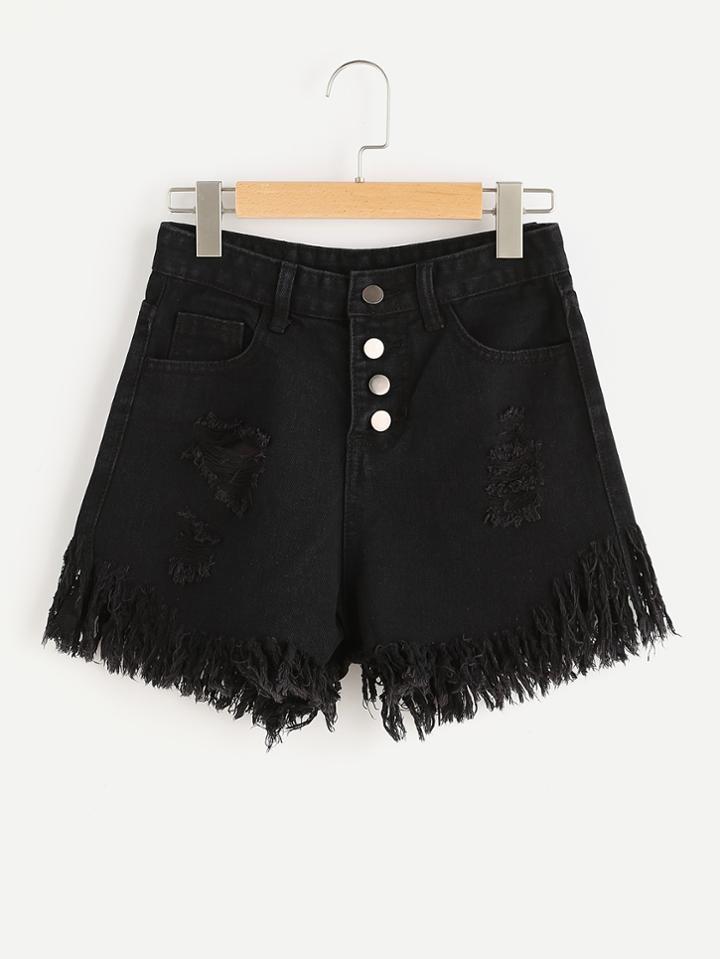 Romwe Distressed Fray Hem Single Breasted Denim Shorts