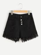 Romwe Distressed Fray Hem Single Breasted Denim Shorts