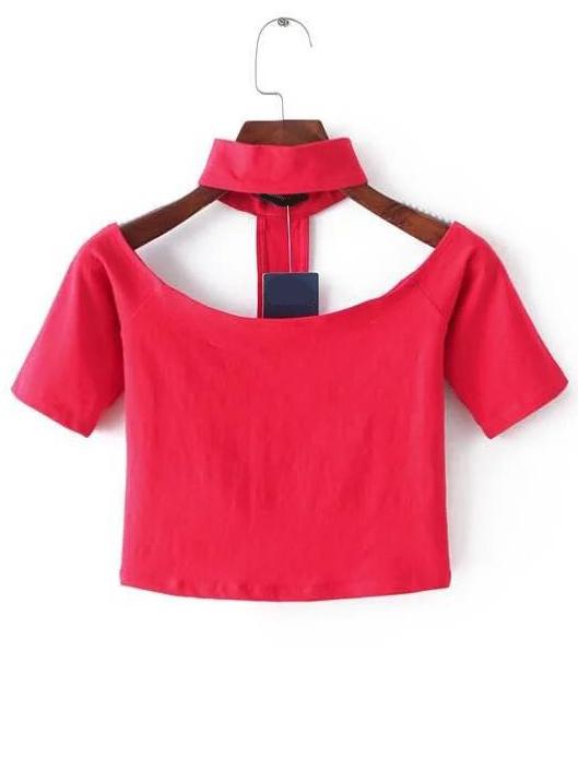 Romwe Red Cutout Choker Neck Crop T-shirt