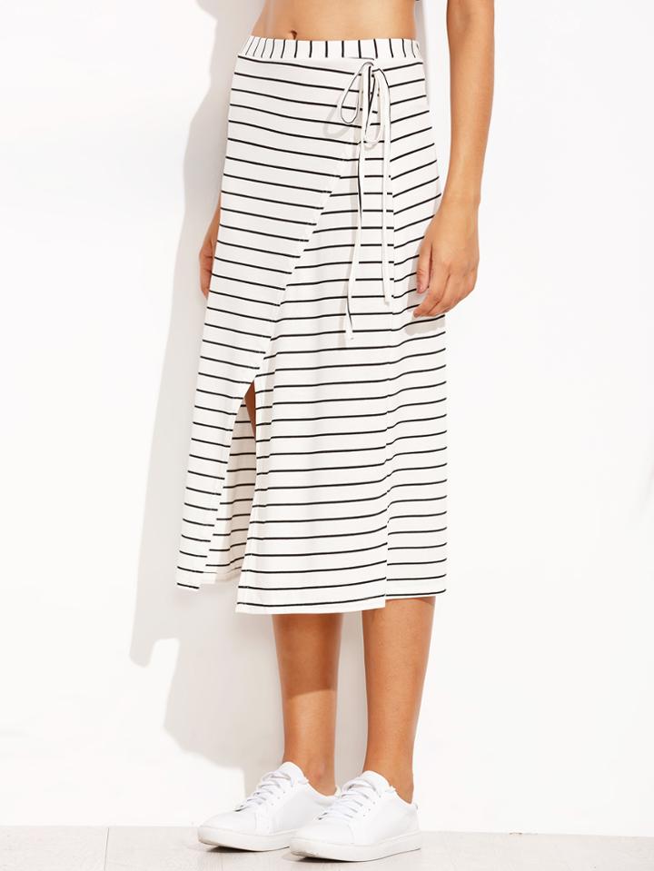 Romwe White Striped Wrap Over Midi Skirt