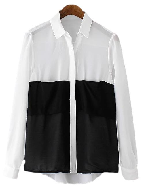 Romwe Black White Long Sleeve Pocket Lapel Blouse