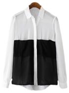 Romwe Black White Long Sleeve Pocket Lapel Blouse