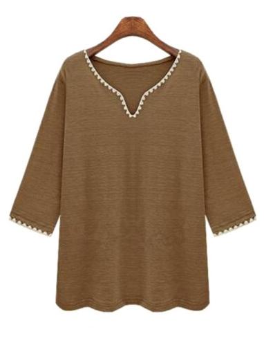 Romwe Khaki Crochet Trim T-shirt