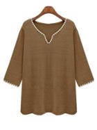Romwe Khaki Crochet Trim T-shirt
