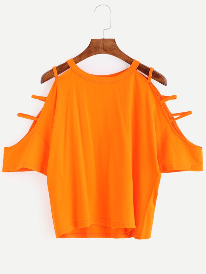 Romwe Orange Ladder Cut Cold Shoulder T-shirt
