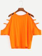 Romwe Orange Ladder Cut Cold Shoulder T-shirt