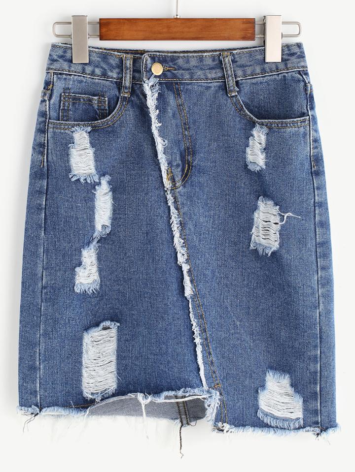 Romwe Blue Ripped Raw Hem Asymmetrical Denim Skirt