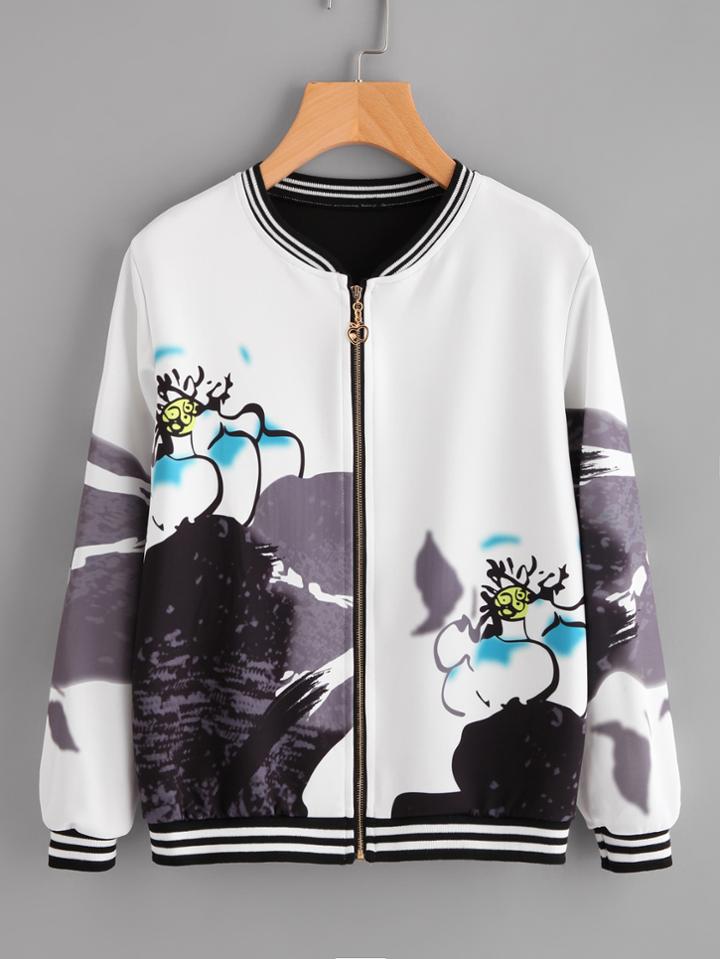 Romwe Printed Random Striped Trim Zip Up Jacket