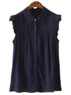 Romwe Navy Ruffle Sleeveless Buttons Front Lapel Blouse