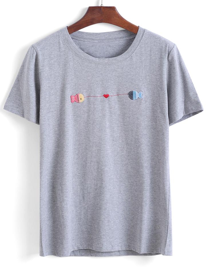Romwe Fish Embroidered Loose T-shirt