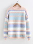 Romwe Block Striped Fuzzy Jumper Sweater