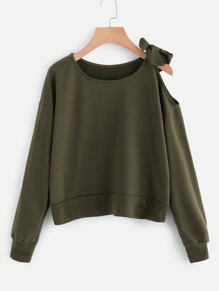 Romwe Open Shoulder Self Tie Sweatshirt