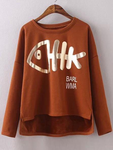Romwe High Low Fishbone Print Thicken Coffee T-shirt