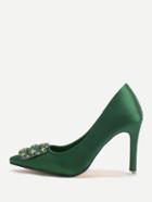 Romwe Green Crystal Flower Point Toe Satin Heels