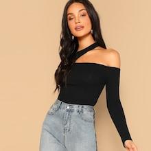 Romwe Asymmetric Cutout Neck Ribbed T-shirt
