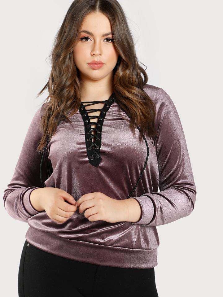 Romwe Front Tie Up Velvet Hoodie