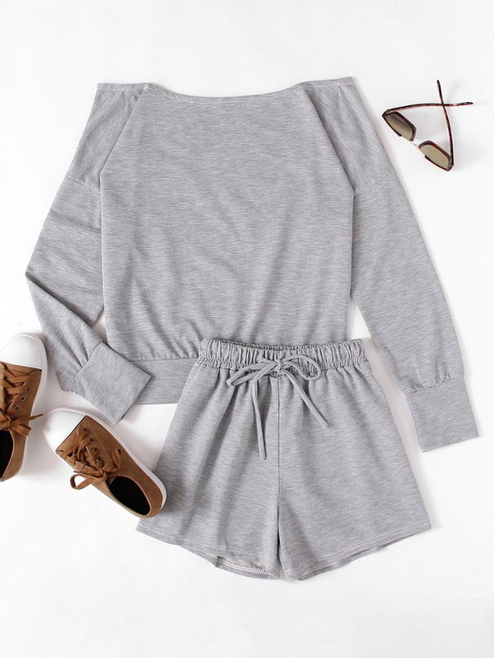 Romwe Off Shoulder Slub Sweatshirt With Drawstring Shorts