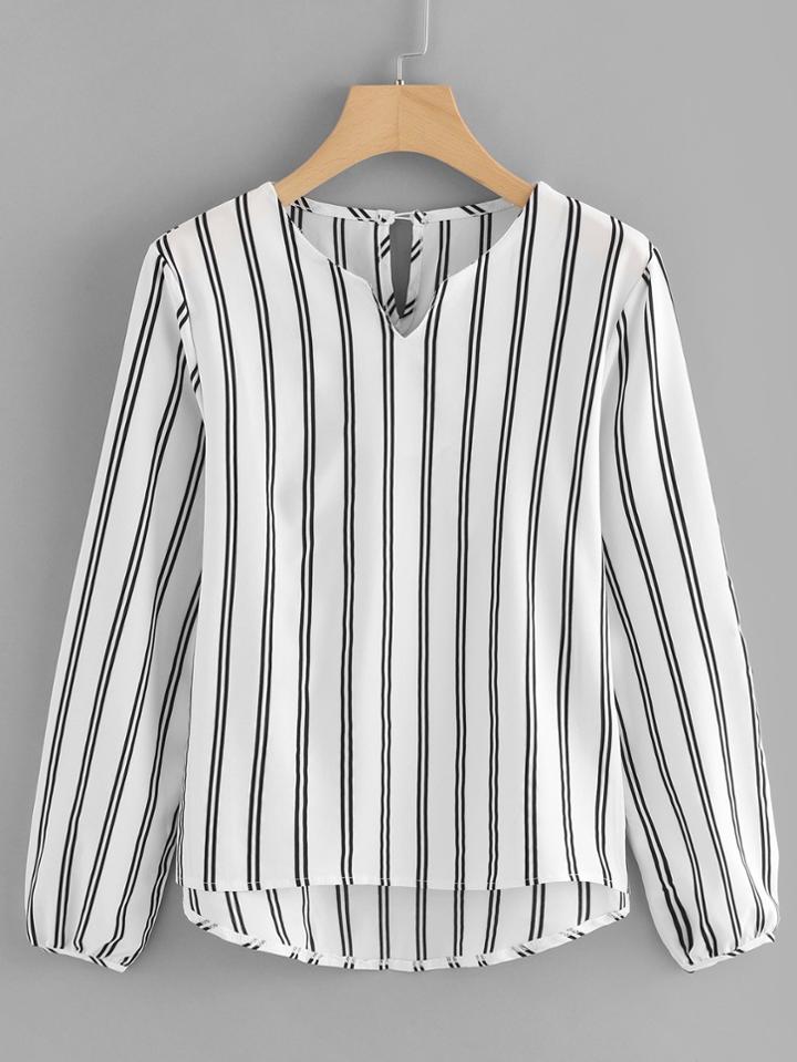 Romwe V Cut Striped Dip Hem Blouse